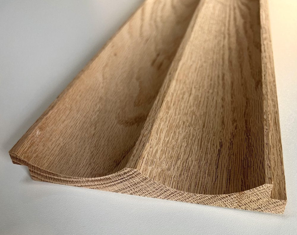Timeline Fluted Scallop solid wood wall panel showing scallop profile detail as fluted slat wall paneling in red oak