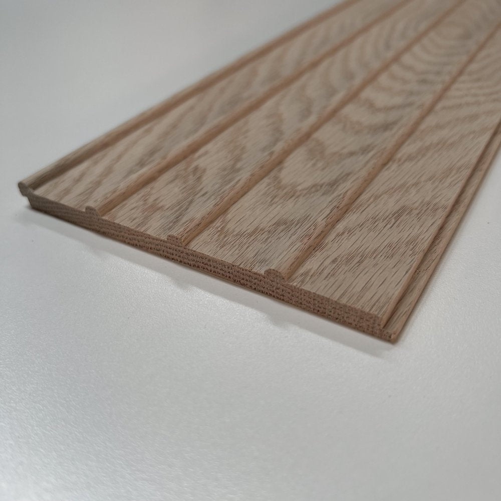 Timeline Fluted Classic Bead solid oak wood wall panel showing fluted tambour bead paneling installed as acoustic slat tambour wall in real hardwood