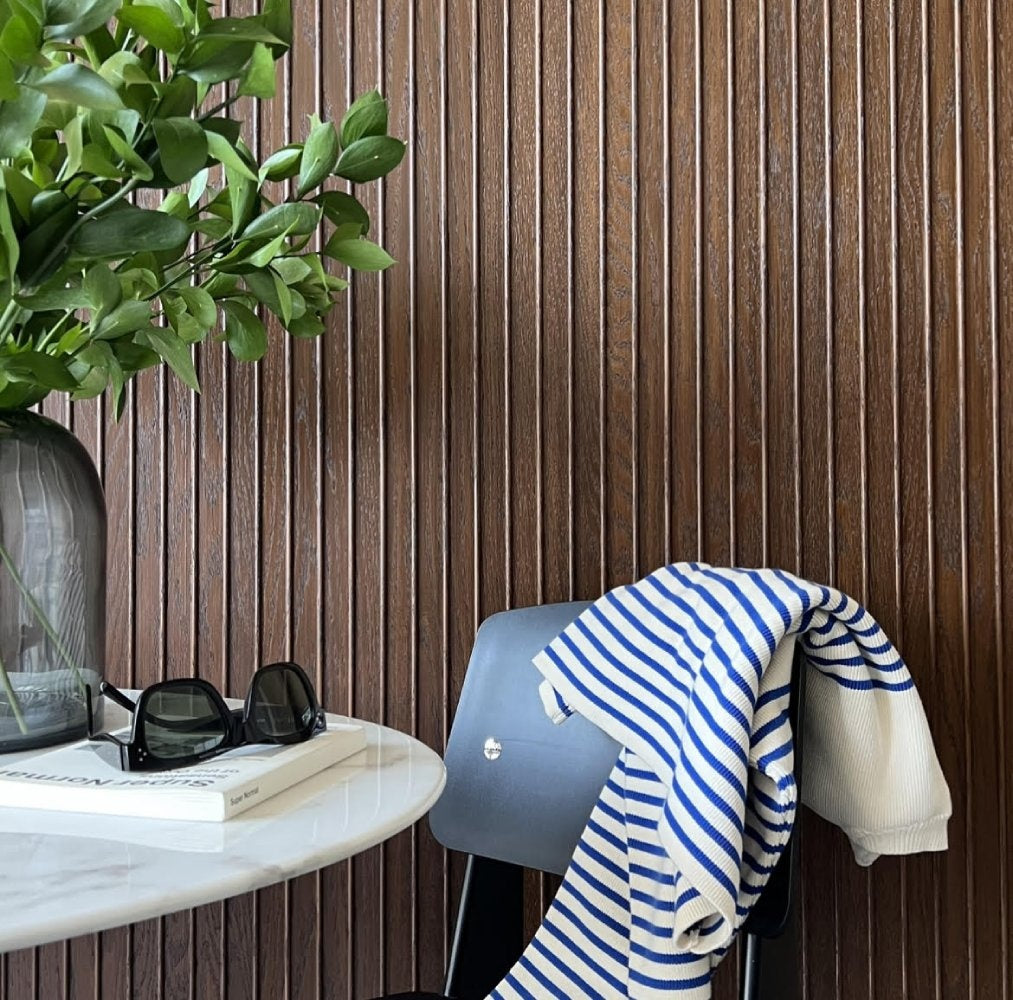Timeline Fluted Classic Bead solid oak wood wall panel showing fluted tambour bead paneling installed as acoustic slat tambour wall in real hardwood