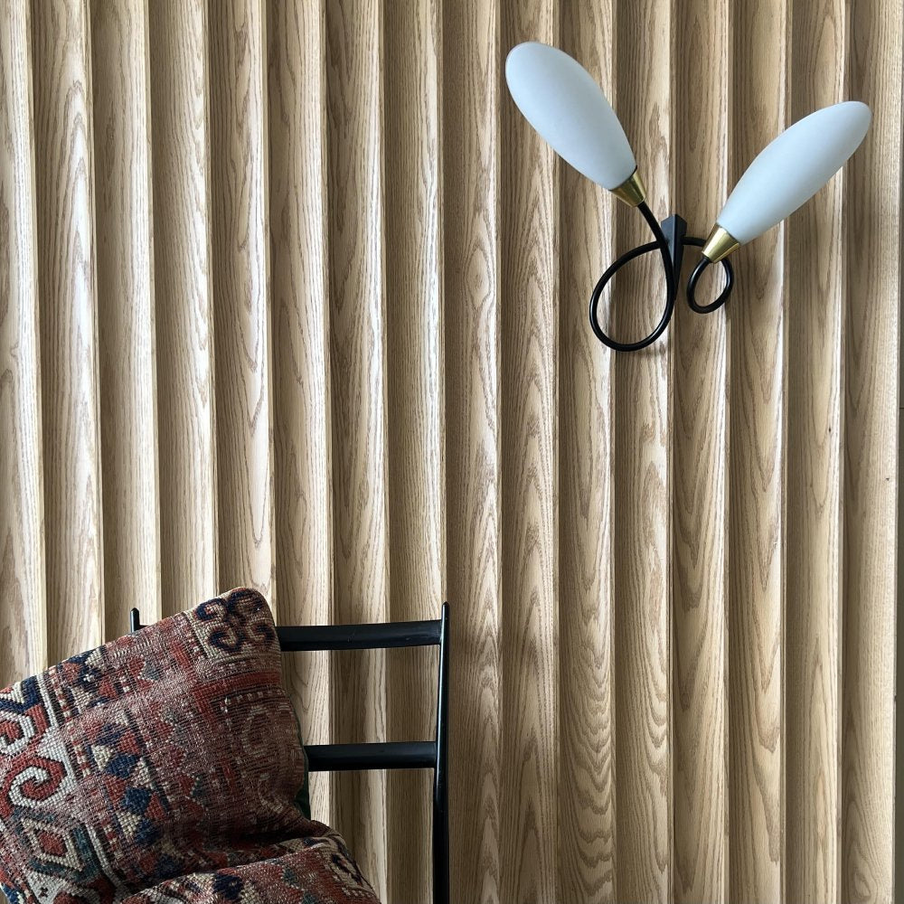 Timeline Fluted Scallop solid wood wall panel showing scallop profile installed as fluted slat tambour wall paneling in real hardwood